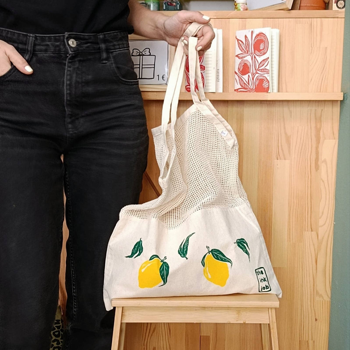 Sac cabas en filet imprimé à la main