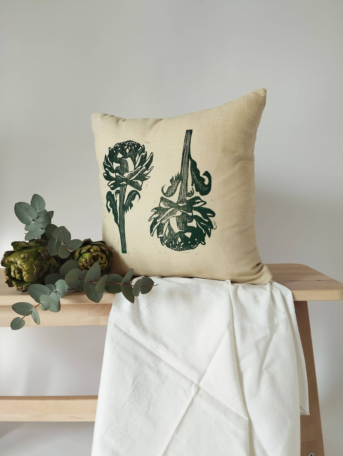 Housse de coussin imprimé artichaut ancien