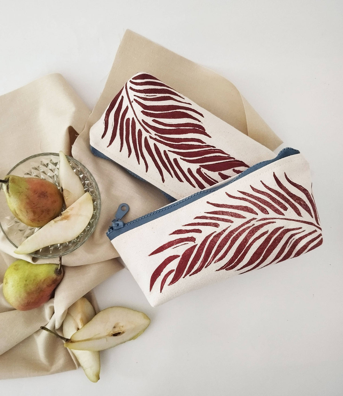 Pochette zippée motif feuille de palmier, trousse cosmétique en toile de coton