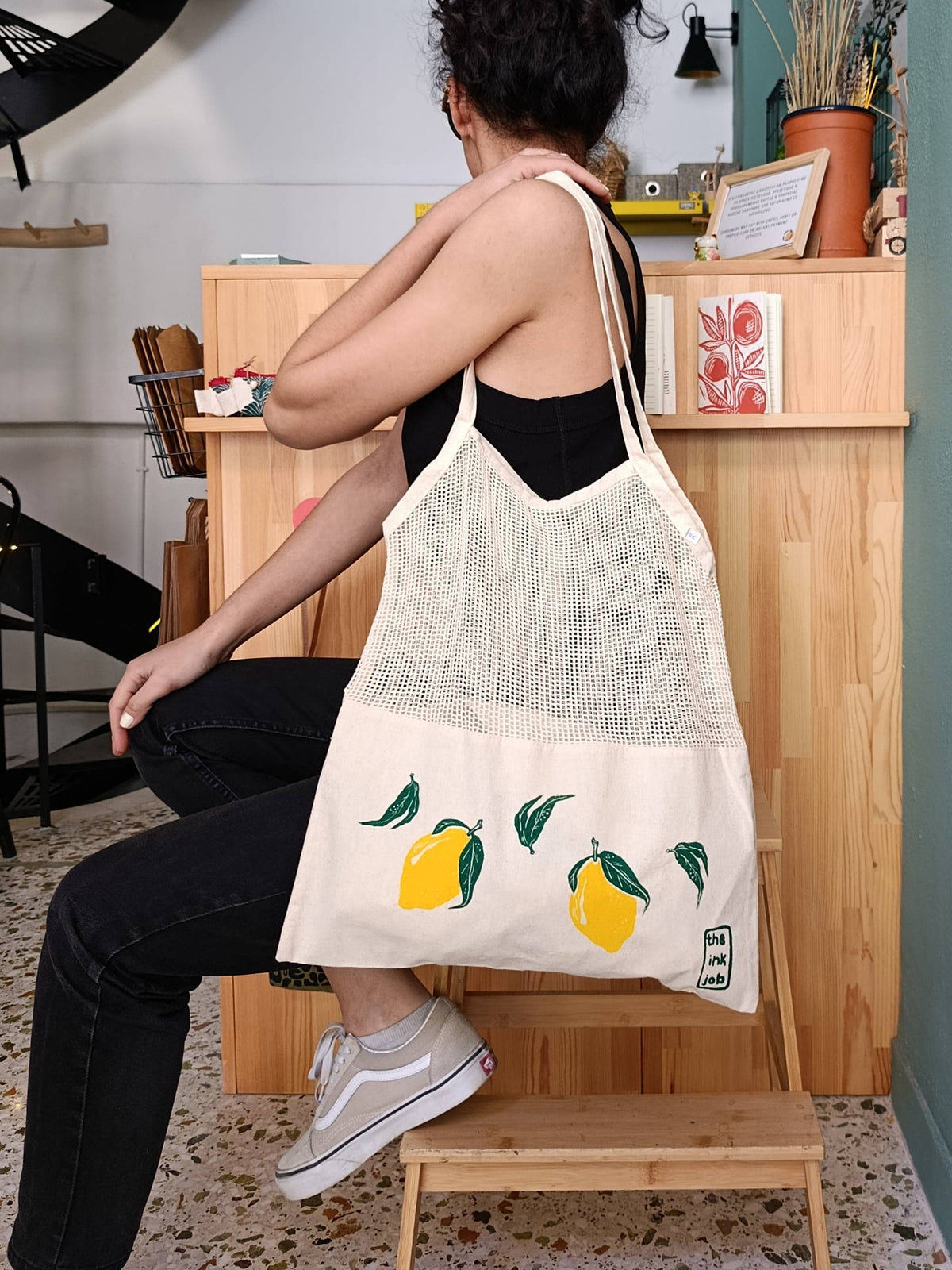 Sac cabas en filet imprimé à la main